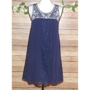 Love Fire Blue Floral Lace & Gauzy Mini Dress Size M Sleeveless Lined Summer